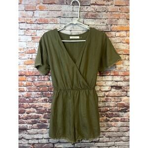 mustard seed linen green romper frayed one piece women's size small